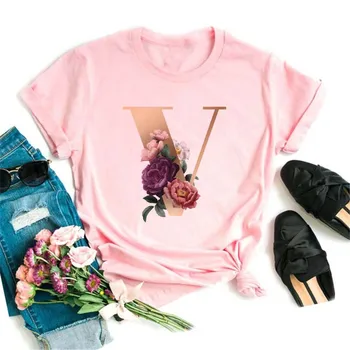 Розовая Женская футболка с буквами алфавита 26 для девочек, Комбинация букв Алфавита От A До Z, Цветы, Повседневные Топы в Корейском стиле с коротким рукавом