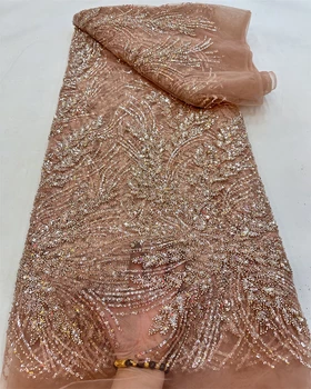 Роскошная кружевная ткань ручной работы из бисера, ткань с вышивкой тяжелыми пайетками, Модная французская тюлевая сетчатая кружевная ткань для свадьбы