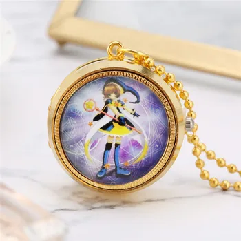 Роскошные Часы Hunter из желтого золота с изображением девушки из японского Аниме, Женские кварцевые аналоговые карманные часы, ожерелье с подвеской и цепочкой