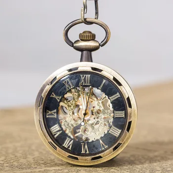 Роскошные бронзовые механические карманные часы для мужчин Женщин Прозрачный корпус с римскими цифрами Циферблат Брелок Цепочка Подвесные часы для коллекции