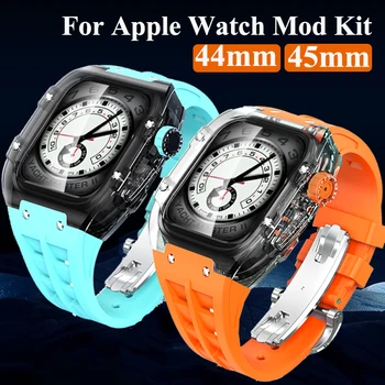 Роскошный Комплект модификации прозрачного корпуса для Apple Watch 8 7, 45 мм браслет из фторопластика, ремешок для Apple Watch Band 44 мм SE 6 5
