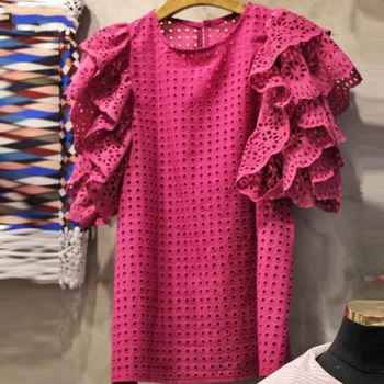 Рубашка с коротким рукавом Женская Элегантная Блузка в стиле пэчворк с оборками Женская Летняя Мода 2019, Белые Розовые Топы