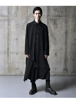Рубашки асимметричной длины, Унисекс, темно-японский стиль, оригинальные черные рубашки и блузки для женщин, мужская рубашка оверсайз