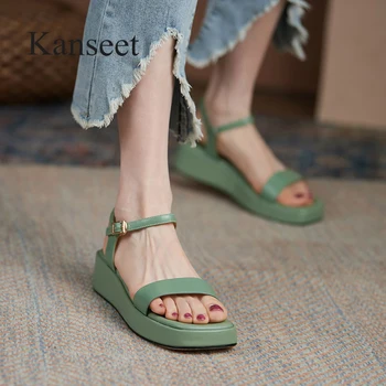 Сандалии Kanseet, Женская обувь 2021, Летние сандалии на плоской платформе, сандалии из натуральной кожи, Повседневная женская обувь с квадратным носком, Зеленый