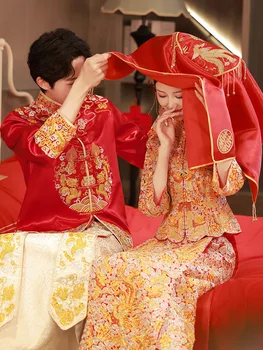 Свадебное платье в китайском стиле, свадебный костюм Чонсам, Восточная одежда для тостов Невесты, Винтажная вышивка дракона и Феникса, Ципао