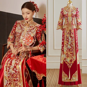Свадебное платье в китайском стиле, Cheongsam, высококачественный свадебный костюм с вышивкой дракона и Феникса, Восточная одежда невесты, Винтажная Qipa
