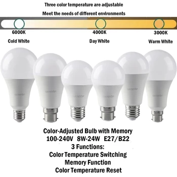 Светодиодная лампа с регулировкой цвета 5ШТ E27 B22 AC120V/AC220V 8 Вт-24 Вт CCT, Функция памяти, Светильник для сброса цветовой температуры для домашнего, офисного освещения
