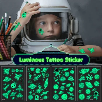 Светящиеся наклейки с татуировками для детей, временные Водонепроницаемые Поддельные татуировки в космосе, Светящиеся лицо, рука, нога для детей, наклейка для боди-арта