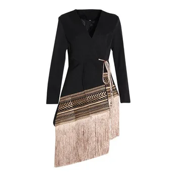Свободный крой, контрастный жакет с кисточками и поясом, Новое женское пальто с V-образным вырезом и длинным рукавом, Модный осенне-зимний роман