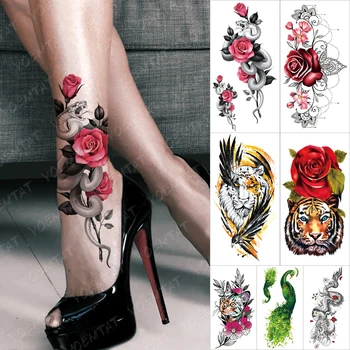 Сексуальная Цветочная змея, водонепроницаемые временные татуировки, наклейки, Розовое кружево, флеш-тату, Женщины, Мужчины, Тигр, Боди-арт, Искусственные татуировки на руках