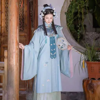 Синий вышитый топ, Изысканная юбка с цветочным рисунком, Комплект Феи Древней Династии Мин, Женские китайские традиционные танцевальные костюмы, платье Hanfu