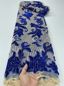 Синяя Нигерийская Бархатная Кружевная ткань 2023, Высококачественное Кружево, Африканская Кружевная ткань Для Свадебного платья, Французское Бархатное Кружево С блестками