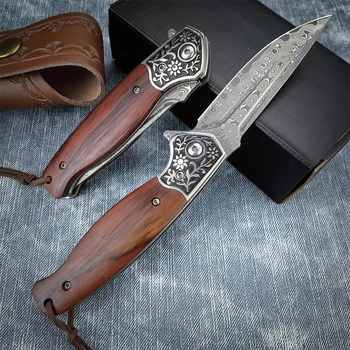 Складной нож EDC из дамасской стали ручной работы, деревянная ручка С изящными кожаными ножнами, Коллекционные ножи для кемпинга и охоты на открытом воздухе