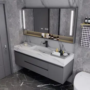 Современные минималистичные и роскошные шкафы для ванной комнаты легко соединяются со столешницами из каменной доски, ванная комната