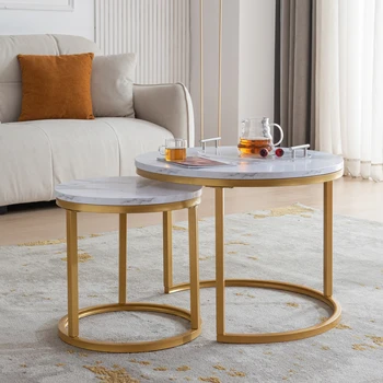 Современный журнальный столик Nesting, круглый, в золотистой рамке с деревянной столешницей для небольшого пространства и гостиной
