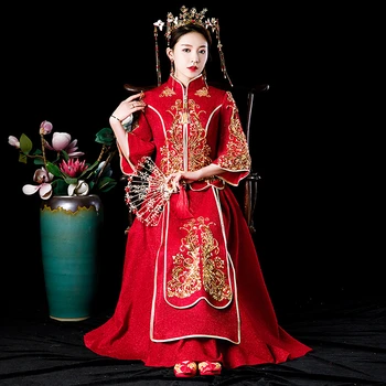 Старинная свадебная одежда Невесты в китайском стиле Ципао, традиционный свадебный набор с вышивкой Чонсам, Восточное платье