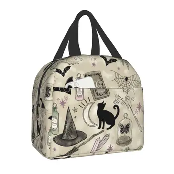 Сумка для ланча с рисунком кошки-ведьмы, женская сумка для ланча на Хэллоуин, Ведьмовская Переносная коробка для ланча для кемпинга, сумка для хранения продуктов в путешествиях