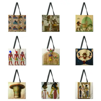 Сумка-тоут с египетской росписью, льняная ткань, повседневная сумка-тоут, Складная хозяйственная сумка, многоразовая пляжная сумка, Женская сумка на плечо многоразового использования