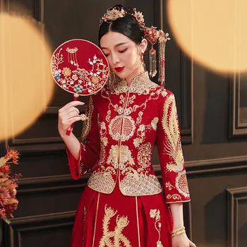 Сучжоу, вышивка, Чонсам, Восточное свадебное платье Невесты, Китайский стиль, Свадебный комплект, Изысканный костюм невесты, Одежда для тостов, S-3XL