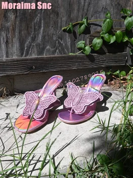 Тапочки с украшением в виде кристаллов и бабочек на высоком каблуке-шпильке, розовая однотонная уникальная модная женская обувь, Летняя Бесплатная доставка, Сексуальная