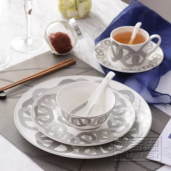 Тарелка из костяного фарфора Дизайн ипподрома керамический набор посуды из 6 предметов фарфоровая тарелка, миска, чашка, ложка белого и черного цветов