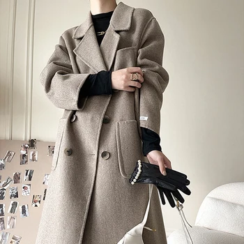 Темперамент, новое двустороннее шерстяное пальто, Женское шерстяное двубортное пальто средней длины с карманом, женское осенне-зимнее новое