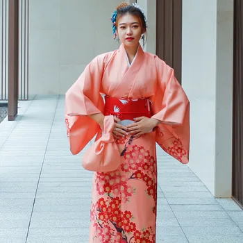 Традиционное Кимоно в Японском Стиле с оранжевым рисунком цветущей сливы, модифицированное Кимоно для девочек