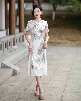 Традиционное женское Ципао с V-образным вырезом и коротким рукавом, Сексуальное жаккардовое атласное платье Aodai Cheongsam, Элегантное китайское повседневное платье в стиле ретро
