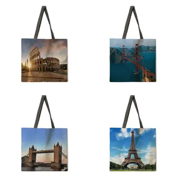 Уличная сумка для покупок, сумка с принтом здания, женская повседневная сумка, модная пляжная сумка, сумка-тоут
