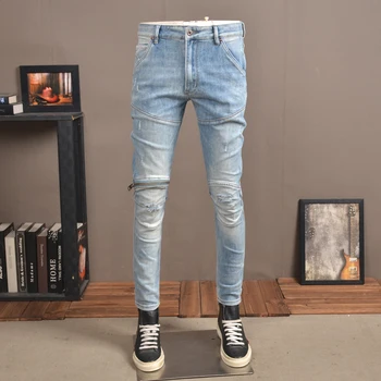 Уличные Модные Мужские джинсы в стиле Ретро, светло-голубые байкерские джинсы с эластичными вставками, Дизайнерские джинсы на молнии в стиле хип-хоп, тонкие рваные джинсовые брюки, мужские