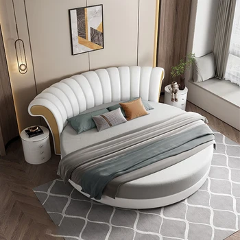 Улучшите свой сон с круглым кожаным каркасом кровати MANBAS, итальянскими двуспальными кроватями из натуральной кожи, рассчитанными на 2 персоны