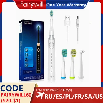 Ультразвуковая электрическая зубная щетка Fairywill FW-508, 5 режимов, водонепроницаемая щетка со сменными головками IPX7, Зубная щетка для взрослых и детей