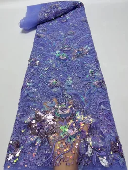 Фиолетовая 5 Ярдов Французская Кружевная Ткань с 3D Цветочным Рисунком 2023, Высококачественные Нигерийские Блестки, Африканские Тюлевые Ткани Для Шитья Свадебного Платья