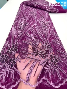 Фиолетовая кружевная ткань Нигерийская ткань 5 ярдов Последовательность Кружева Новейшая кружевная ткань Высокого качества 2023 Пурпурная кружевная ткань с блестками KB2528