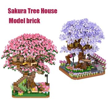 Фиолетовая модель Сакуры, строительные блоки, подарок для девочки, сделай сам, Розовый Домик на дереве, Декоративные кирпичи, Детская развивающая игрушка в подарок