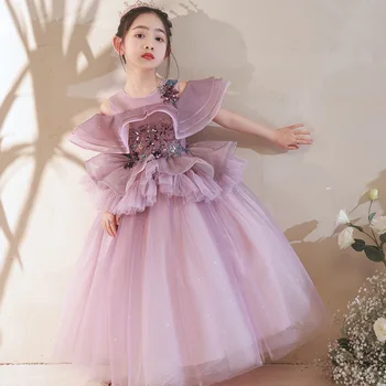 Фиолетовые детские платья с цветочной вышивкой, День Рождения, Свадебное тюлевое платье для девочек, Детское праздничное бальное платье, длинное платье Принцессы