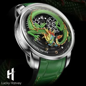 Харви повезло, автоматические механические часы для мужчин сапфир синтетический 3D гравировка китайского дракона циферблат водонепроницаемые часы
