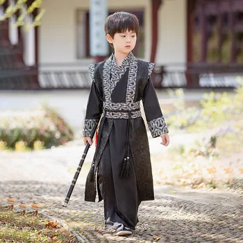 Черное платье с принтом в Китайском стиле, костюм Танг для мальчиков, сценический костюм Ханфу, Детский Древний традиционный Детский костюм