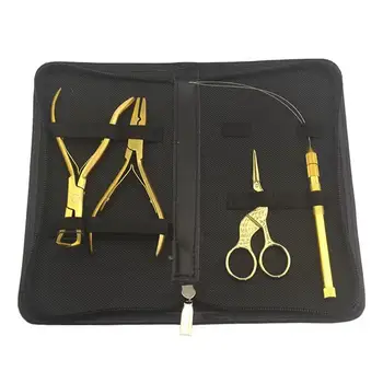 Черный набор инструментов для наращивания волос в салоне с открывалкой, доводчиком, плоскогубцами, петлей и крановыми ножницами