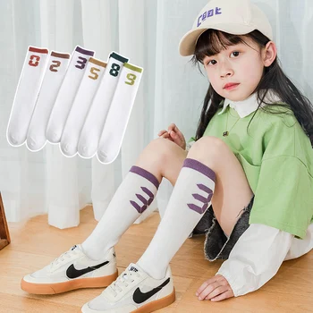 Чулки для девочек, летние цифровые белые носки-трубочки в стиле колледжа из чистого хлопка, весенне-осенние корейские модные носки выше колена