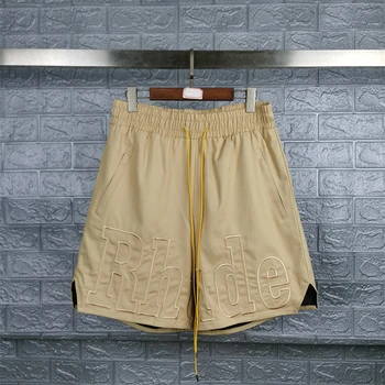 Шорты с вышивкой 23SS Top Verison Mesh Rhude Мужские Женские винтажные шорты с завязками из плотной ткани оптом
