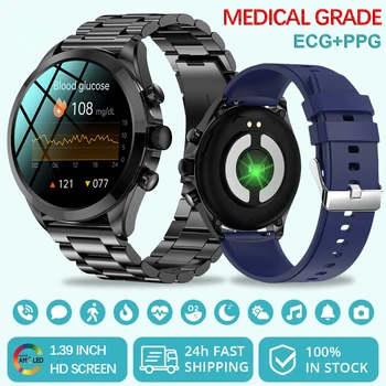ЭКГ + PPG Смарт-часы Bluetooth вызов Часы с уровнем глюкозы в крови 1.39 HD Полный сенсорный экран Термометр Мужские умные часы для здоровья Huawei