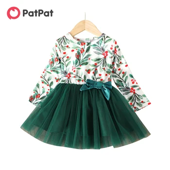 Элегантное сетчатое платье с длинными рукавами и цветочным принтом PatPat для маленьких девочек