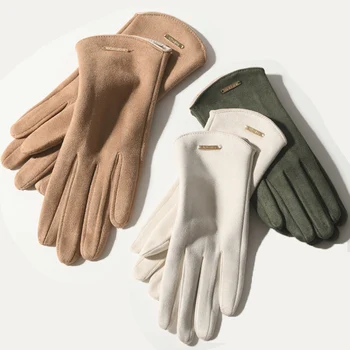Элегантные Женские осенне-зимние перчатки, сохраняющие тепло, Ветрозащитные кашемировые перчатки для вождения с сенсорным экраном, Варежки из замшевой ткани для велоспорта