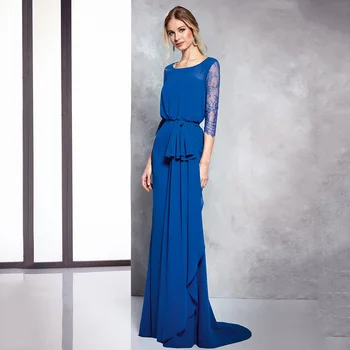 Элегантные синие платья для матери невесты с рукавами 3/4, шифоновые вечерние платья-футляр для крестной матери, длинные кружевные свадебные платья для гостей