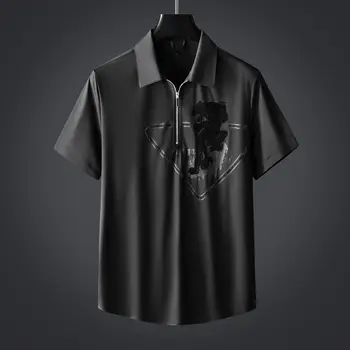 высококачественная европейская повседневная футболка с лацканами и принтом тигра, летняя новинка 2023, роскошный бренд, трендовая рубашка на молнии с коротким рукавом, мужской топ