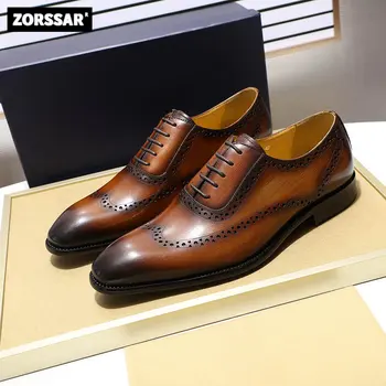 новая мужская обувь из натуральной кожи, броги в британском стиле, резные оксфорды, мужские дышащие деловые модельные туфли на шнуровке с острым носком