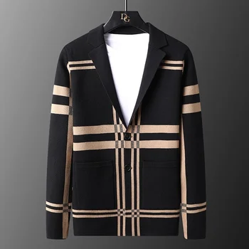 роскошный европейско-американский модный вязаный кардиган в полоску и клетку, весенне-осенний новый корейский повседневный мужской свитер, пальто