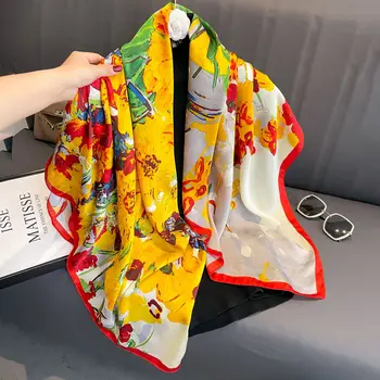 шелковый весенне-осенний женский шарф с роскошным дизайном, женская пляжная шаль с принтом, модный гладкий женский платок 110x110 см