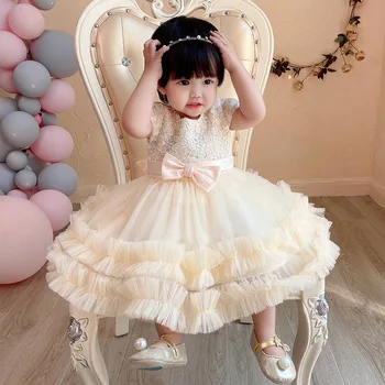 아기 드레스 Платья для маленьких девочек от 6 до 12 месяцев с пышным бантом для новорожденных, праздничное платье принцессы на День рождения